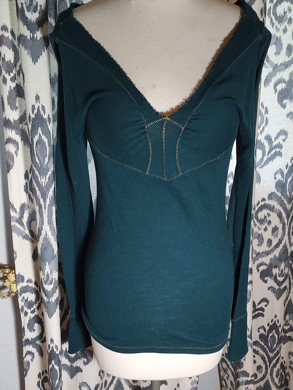 Long-Sleeve Deep V Neck Women’s Top in Teal Anthropology.